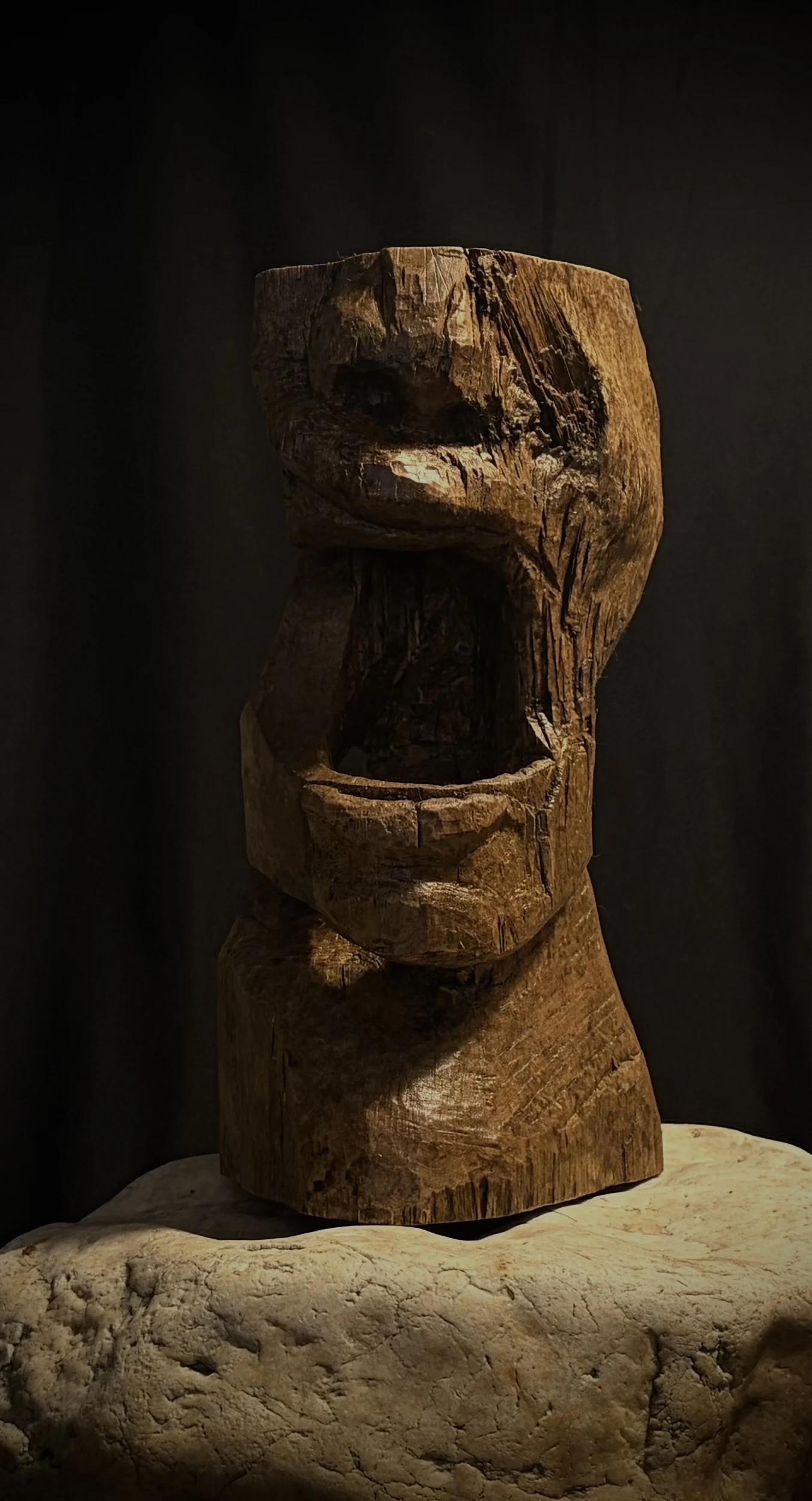 Almayer, elm sculpture photographed against a dark background.